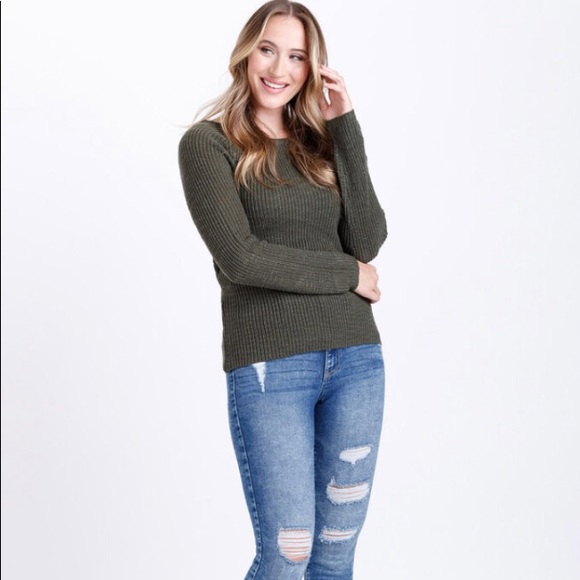 Olive Green Knitted Wrap Back Sweater - Picture 2 of 9